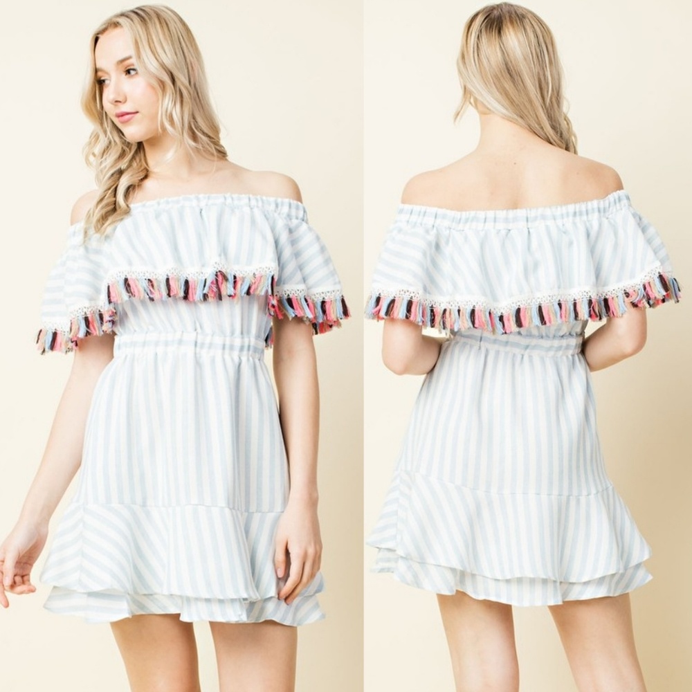 Blushing Heart Off Shoulder Striped Tassel Dress